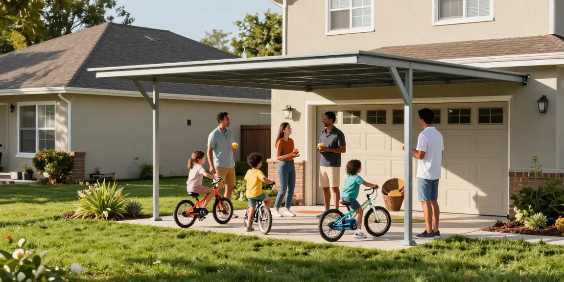 Familie genießt Zeit unter einem Carport im Garten, spielende Kinder und diskutierende Erwachsene.