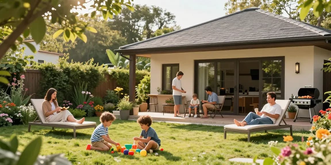 Freistehende Terrassenüberdachung im Garten, Familie genießt den sonnigen Tag.