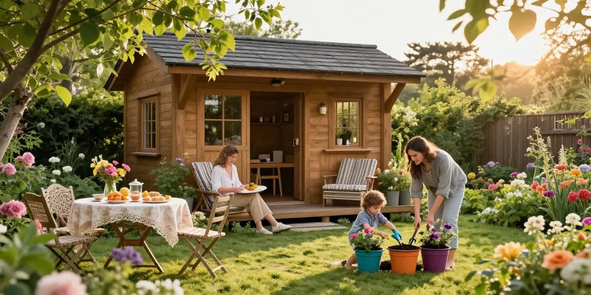 Gartenhaus in idyllischer Gartenlandschaft mit blühenden Pflanzen und spielenden Kindern.