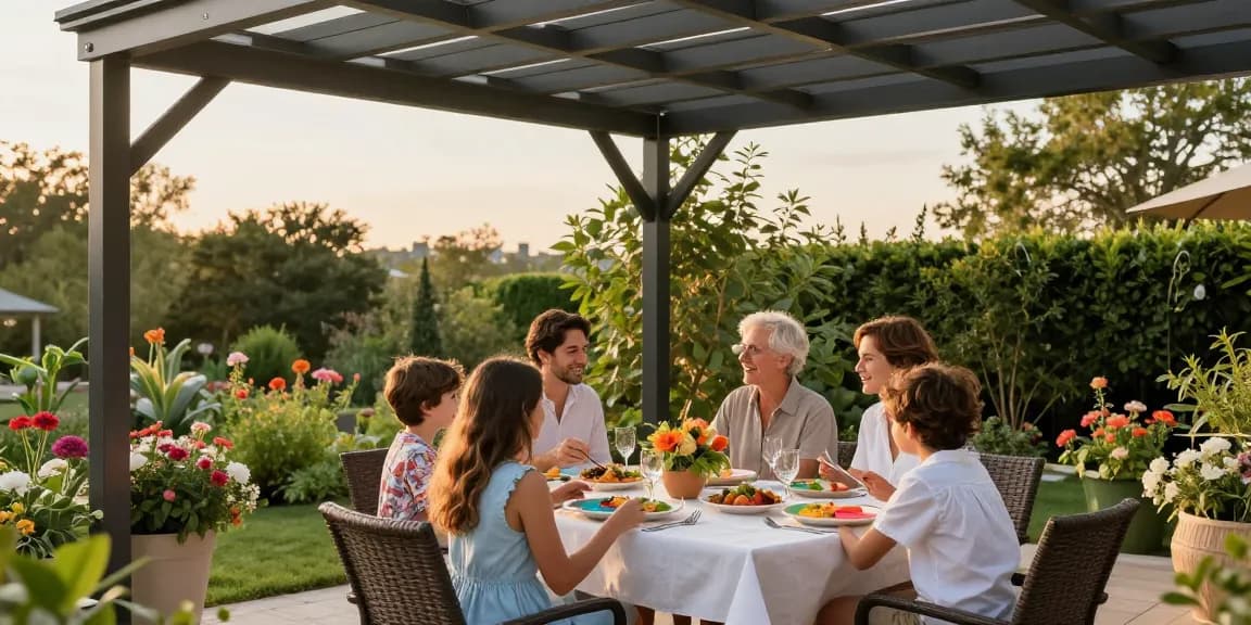 Familie genießt ein Essen unter Terrassenüberdachungen, umgeben von einem blühenden Garten.